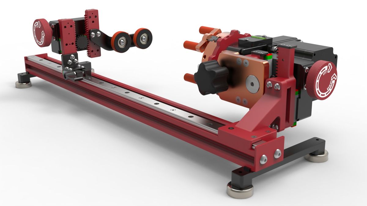 PiBurn Grip 2 chuck rotary with its support wheels on a rail
