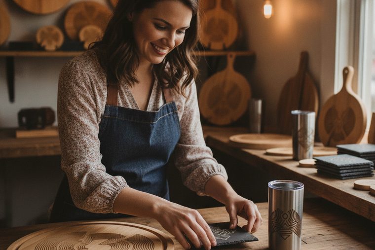 Small business owner beside a desktop CO2 laser with personalized products on display