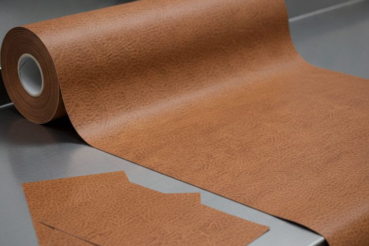 Roll and swatches of faux leather vinyl material beside a laser machine