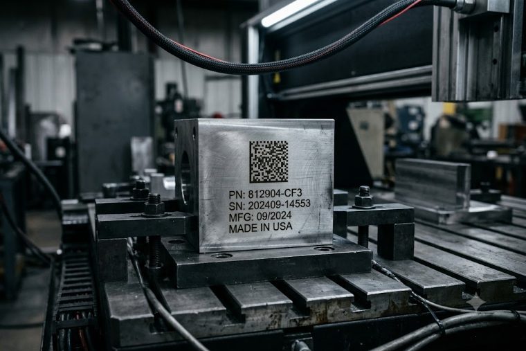 Fiber laser-etched DataMatrix code and serial number on a machined metal part