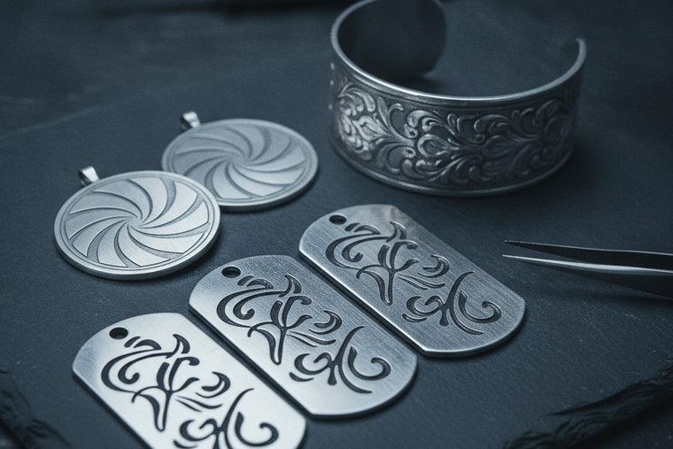 Personalized metal dog tags, pendants and a cuff engraved on a fiber laser marker