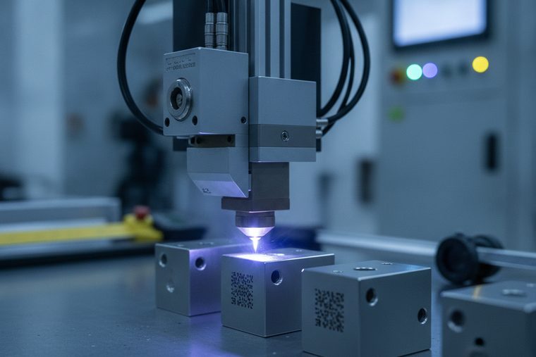 Fiber laser marking data-matrix serial codes on machined metal components