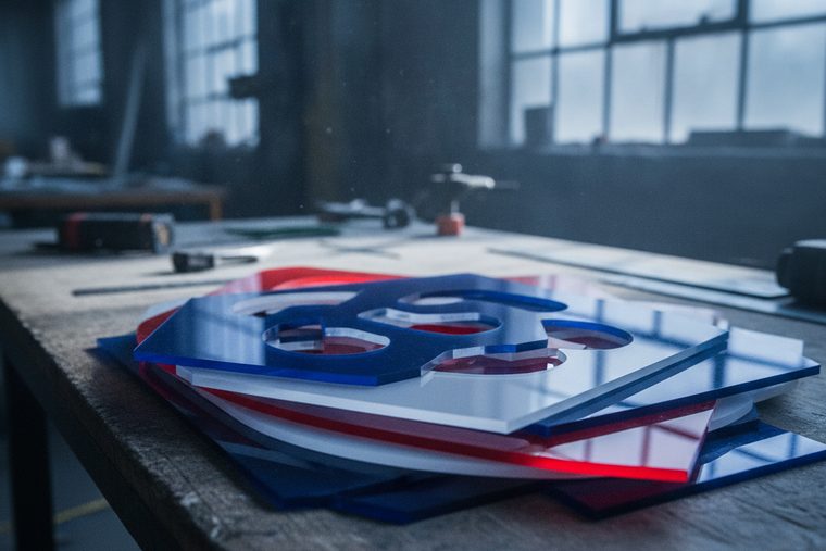 Stack of laser-cut red, white, and blue acrylic panels on a workbench