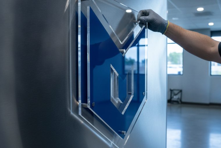Laser-cut layered acrylic logo sign being mounted on a wall