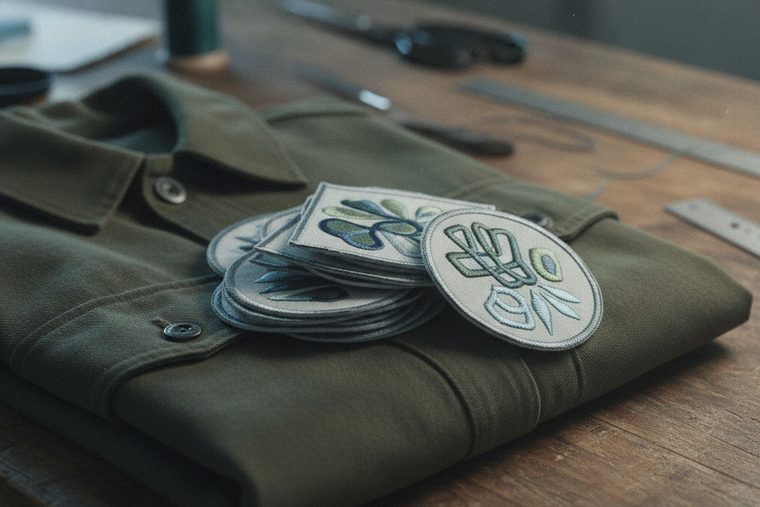 Laser-cut fabric patches with sealed edges stacked on a canvas garment