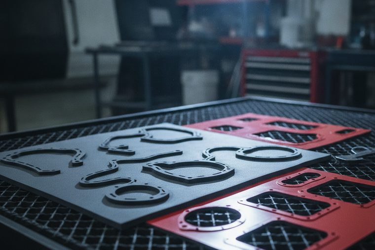 Laser-cut foam and rubber gasket shapes on a laser bed