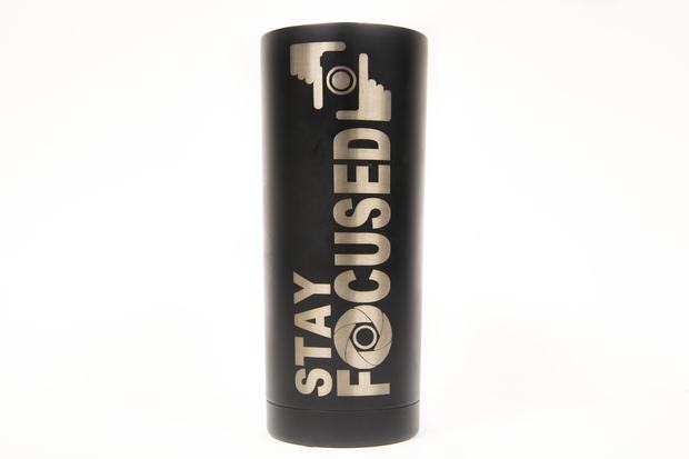 Anodized tumbler laser-engraved with STAY FOCUSED