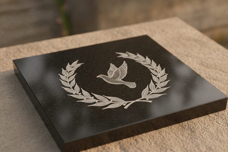 Black granite memorial plaque laser engraved with a dove and laurel wreath