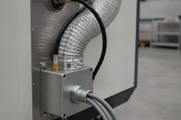 Exhaust ventilation ducting, air-assist line and power connection behind a laser machine