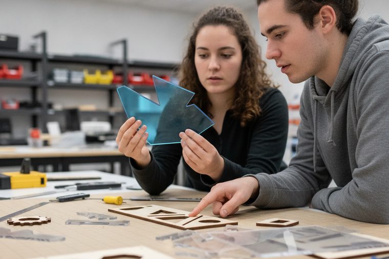 University students operating a laser cutter in a campus makerspace