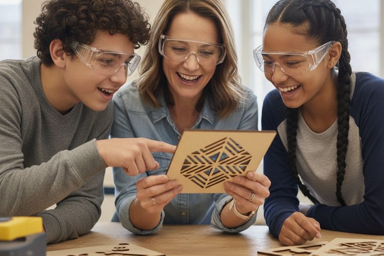 Teacher and students in safety glasses using a desktop laser engraver in a STEM classroom
