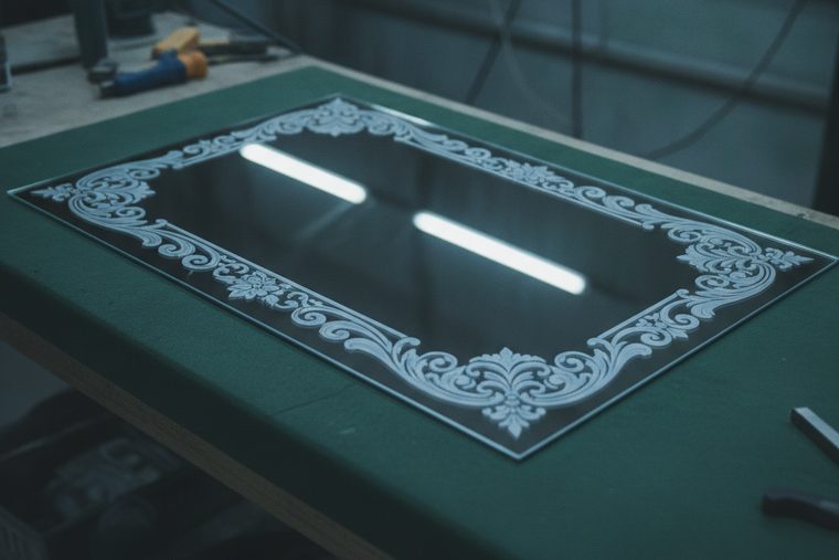 Frosted laser-engraved ornamental border on a wall mirror