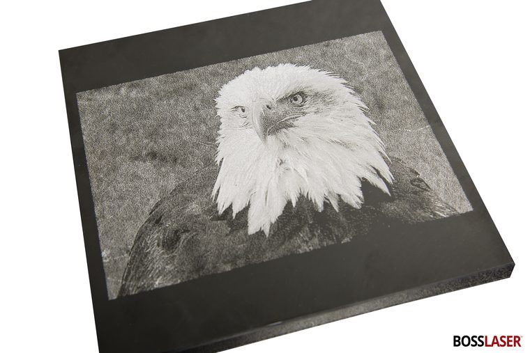 Bald eagle photograph laser engraved into black marble tile