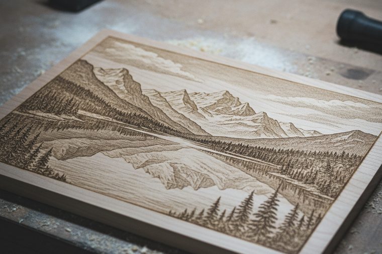 Grayscale mountain landscape photo laser-engraved into a maple plaque