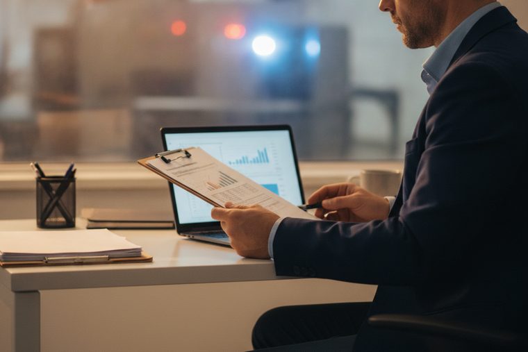 Procurement professional reviewing purchasing paperwork at an office desk