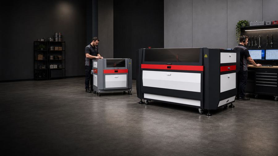 Two trained Boss laser operators running machines in a clean facility