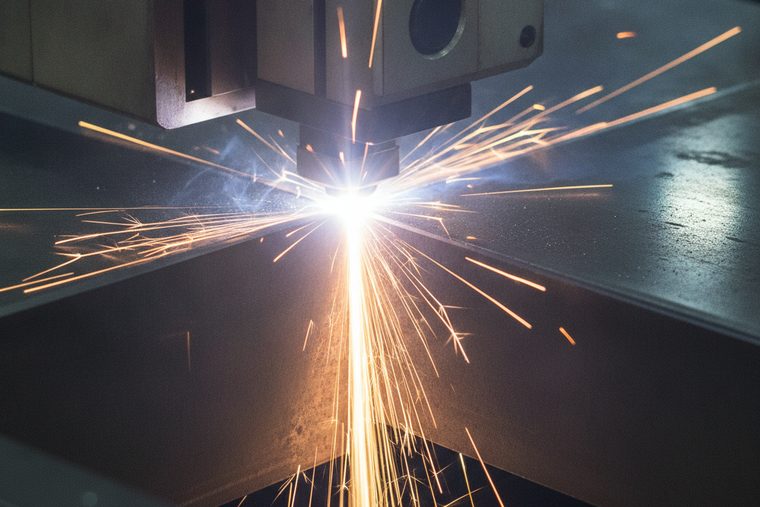 Laser beam striking metal in a radial burst of sparks